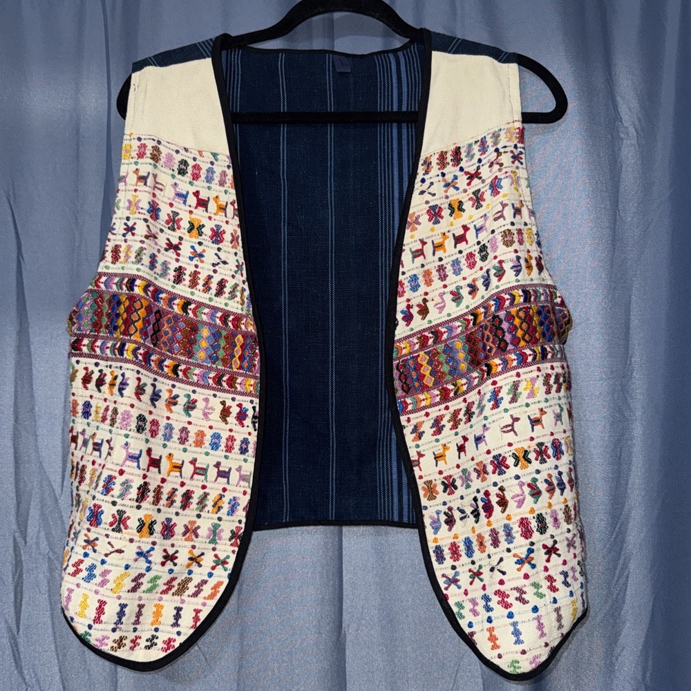 Guatemalan Hand Embroidered Animals Cotton Vest Artisan Made Festival Women L